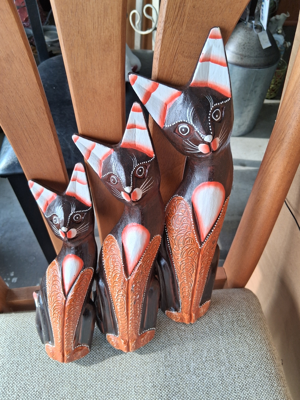Hand-Carved Wooden Cat Trio - Brown & Orange Accent